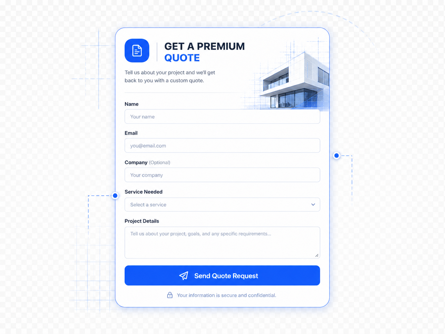 Premium quote request form interface mockup for small business website leads