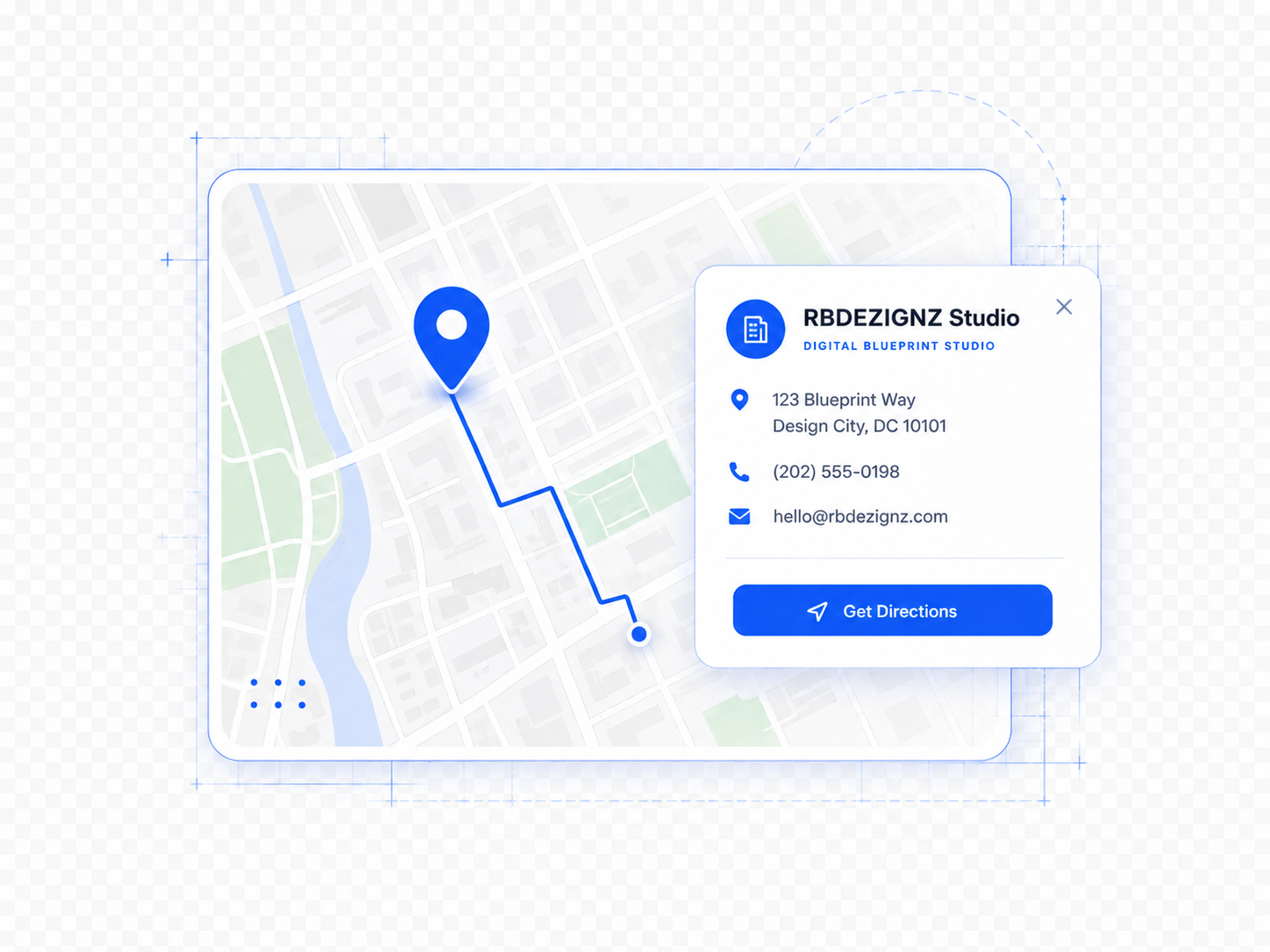Local map embed mockup with business location pin, route line, and contact information card