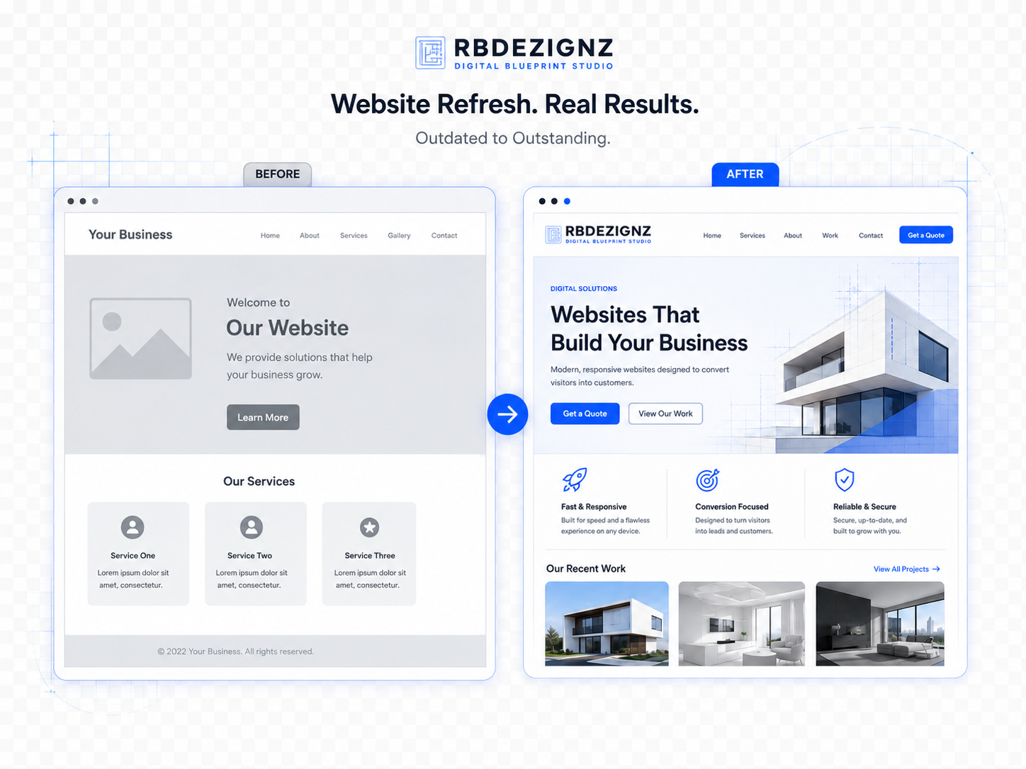 Before and after website refresh mockup showing an outdated website transformed into a modern professional design